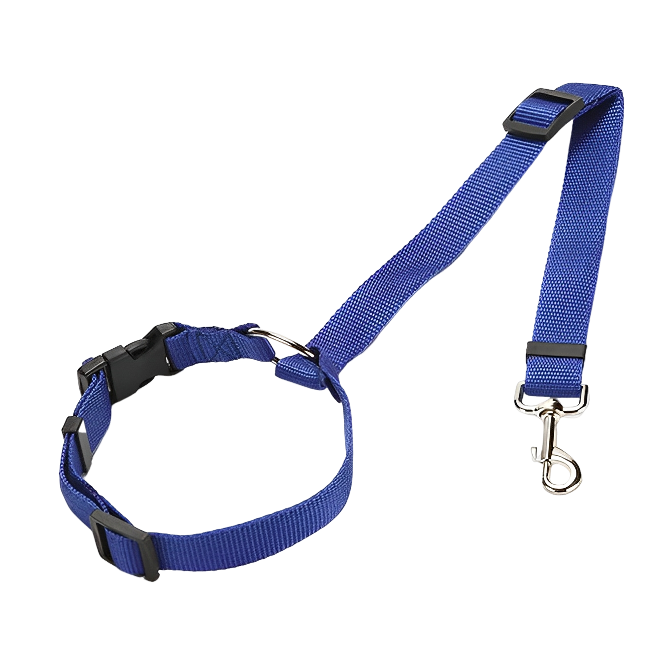 Ett blått justerbart hundhalsband och koppel i nylon med metallklämma och plastspänne, perfekt för användning med Elevkassan Bilbälte för Hund för extra säkerhet hund i bilen, visas på svart bakgrund.