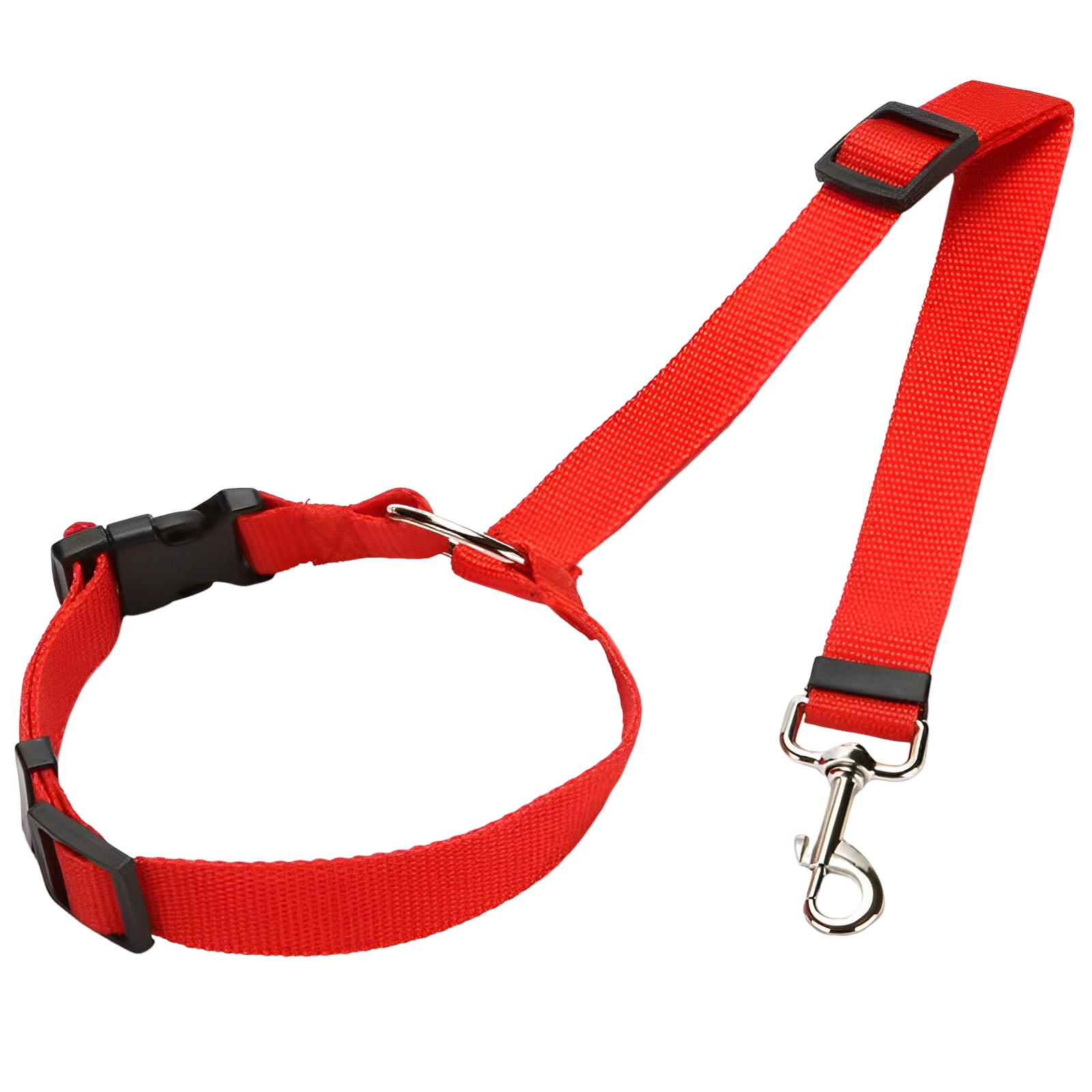 Elevkassan Bilbälte för Hund, ett rött justerbart halsband med plastspänne, metallspänne och matchande nylonkoppel, visas på en svart bakgrund - perfekt för säkra hundresor som bilsele hund eller hundsele bil.