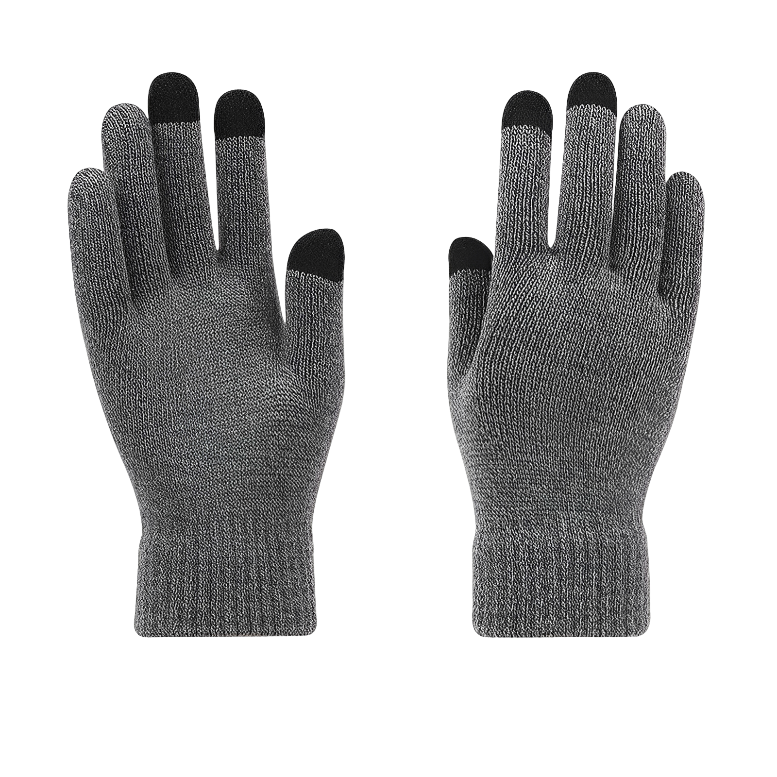 Ett par Elevkassan Grå Vantar med Touch (2-pack), med svarta beröringskänsliga spetsar på tummen, pekfingret och långfingret, visas med handflatorna vända framåt mot en svart bakgrund.