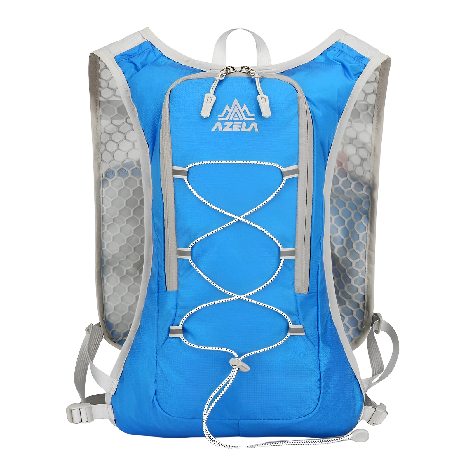 Elevkassan Löparryggsäck med 500 ml Vattenflaska - ultralätt blå/grå ryggsäck med hexagonalt mesh-ryggparti, justerbara remmar, frontbungee och logotyp framtill - perfekt för löpning och vandring.