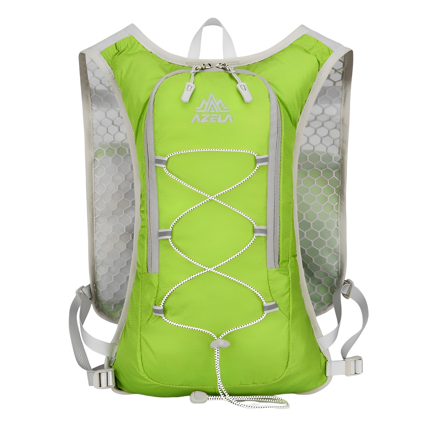 Elevkassan Löparryggsäck med 500 ml Vattenflaska är en ljusgrön ultralätt löparryggsäck med vita remmar, sidor i mesh och en bungee-snodd på framsidan - perfekt för vattenflaskan. AZELA-logotypen visas nära toppen.