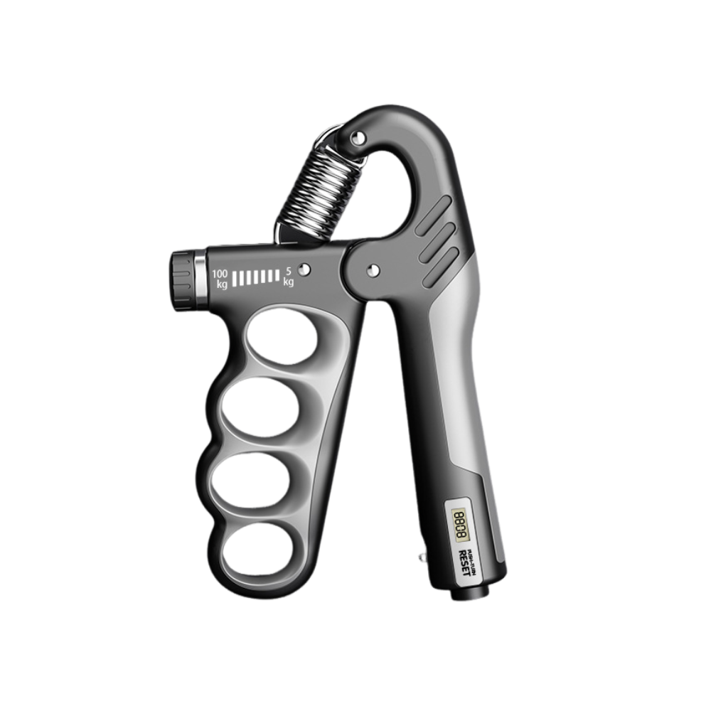 Elevkassan Handtränare med Digital Räknare är en svart och grå grepptränare med justerbart motstånd, fyra fingerhål, en spiralformad metallfjäder på toppen och en digital display som visar motståndsnivåer från 5 till 100 kg.