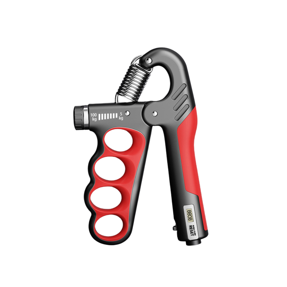 Elevkassan Handtränare med Digital Räknare, i svart och rött, har justerbart motstånd, en digital räknare, synlig tensionsskala, metallfjäder upptill och ergonomiska fingerfördjupningar för bättre grepp.