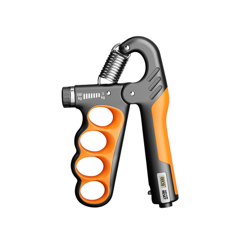 Elevkassan Handtränare med Digital Räknare har orange och svarta handtag, en synlig dragfjäder, justerbart motstånd på 5-100 kg med en ratt, fingerhål och en digital räknare för effektiv greppträning.