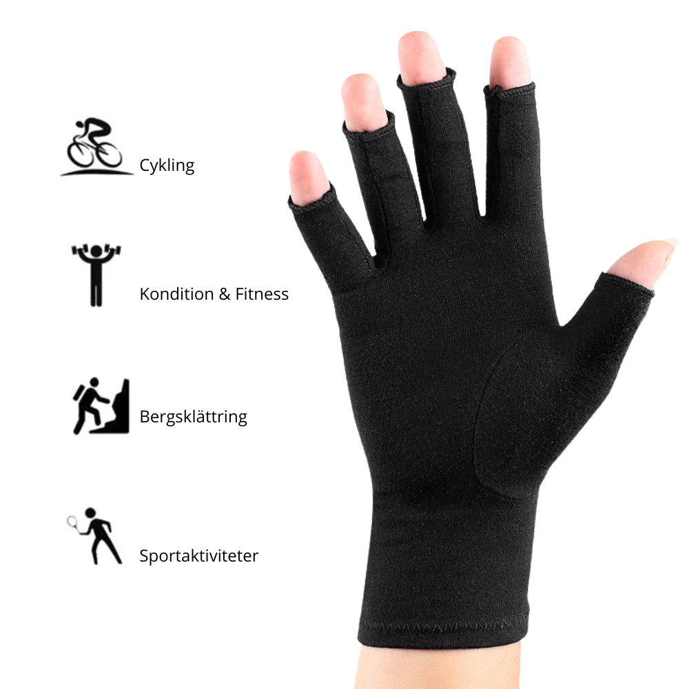 En hand bär Elevkassan Kompressionshandskar, svarta och fingerlösa, mot en vit bakgrund. Ikoner och svenska ord för cykling, fitness, klättring och sport antyder att dessa handskar ger stöd åt händerna och kan lindra smärta.