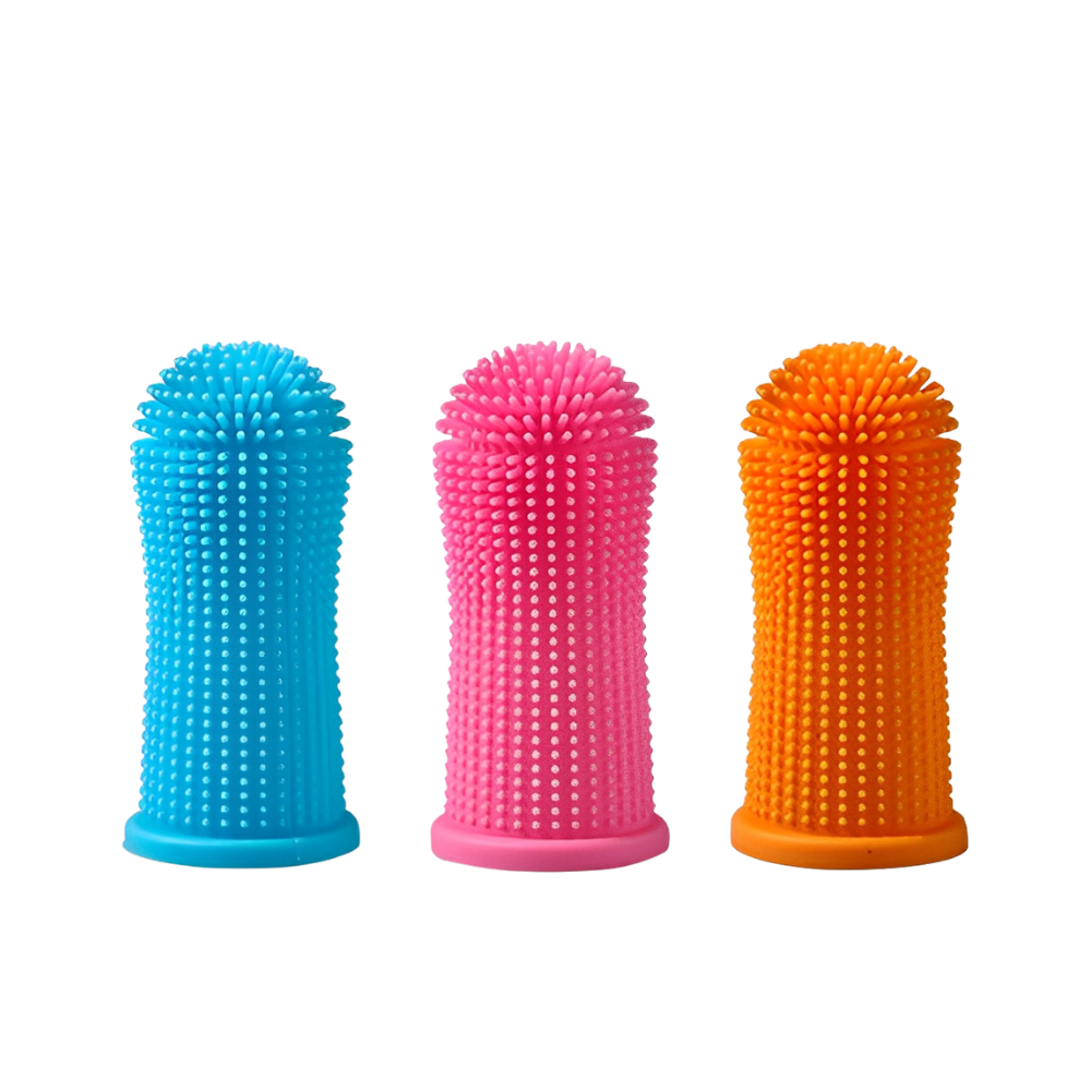 Elevkassan Fingertandborste för Husdjur - 3-pack: blå, rosa och orange fingertandborste med texturerade borst, visas upprätt på en vit bakgrund - idealisk för skonsam tandvård av husdjur.