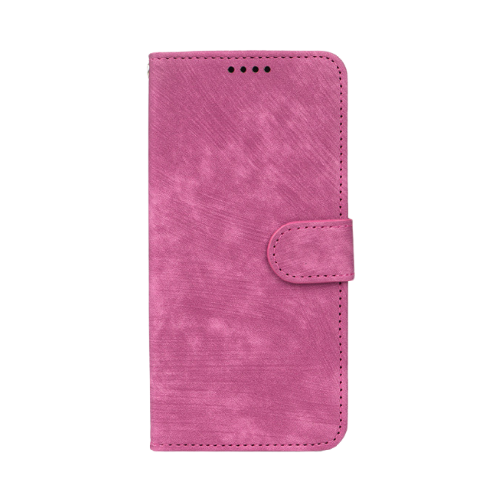 Elevkassan Apple iPhone Plånboksskal - Rosa är ett rosa, texturerat plånboksfodral med frontklaff, praktisk magnetstängning, sydda kanter och tre högtalarhål upptill i mitten.