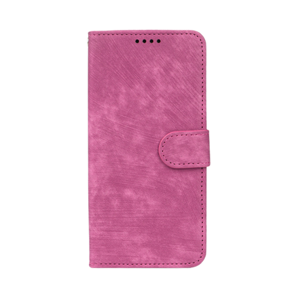 Elevkassan Apple iPhone Plånboksskal - Rosa är ett rosa, texturerat plånboksfodral med frontklaff, praktisk magnetstängning, sydda kanter och tre högtalarhål upptill i mitten.