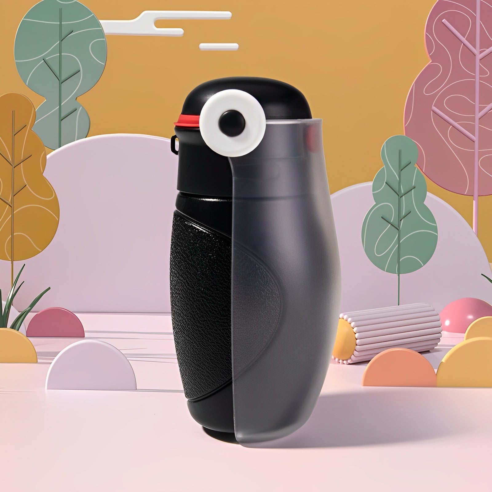 Elevkassan Portabel Vattenflaska för Husdjur med Djurmotiv (480ml) har en svart och grå pingvindesign och plastförpackning mot en livlig bakgrund - perfekt för att hålla ditt husdjur hydrerat när du är på språng.