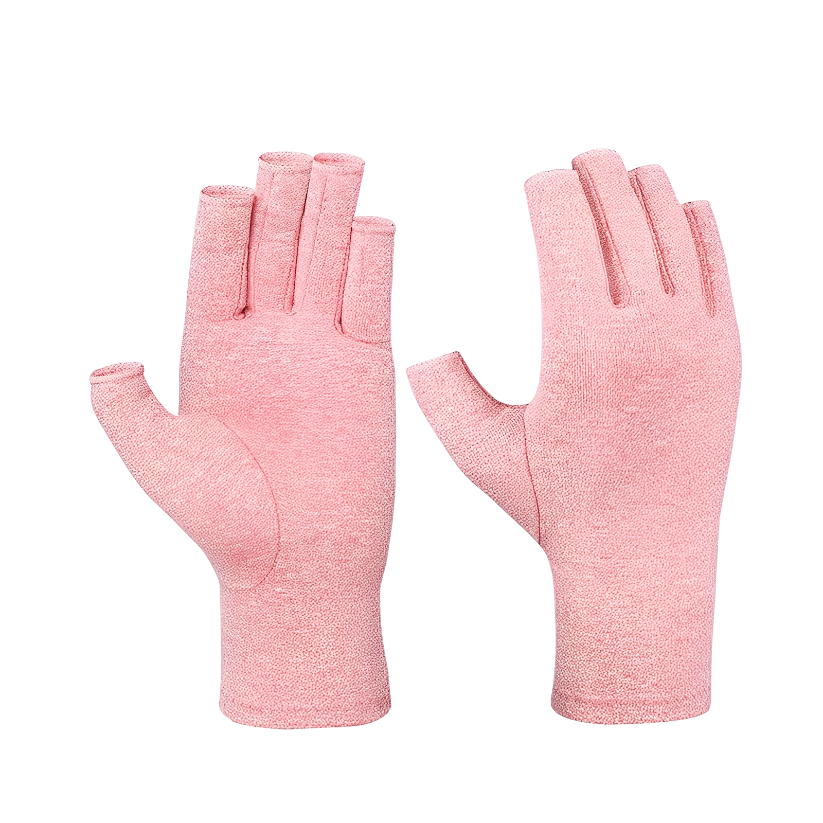 Ett par Elevkassan Kompressionshandskar i rosa, stående med handflatorna framåt och bakåt mot en svart bakgrund, utformade för att ge stöd åt händerna och lindra smärta.