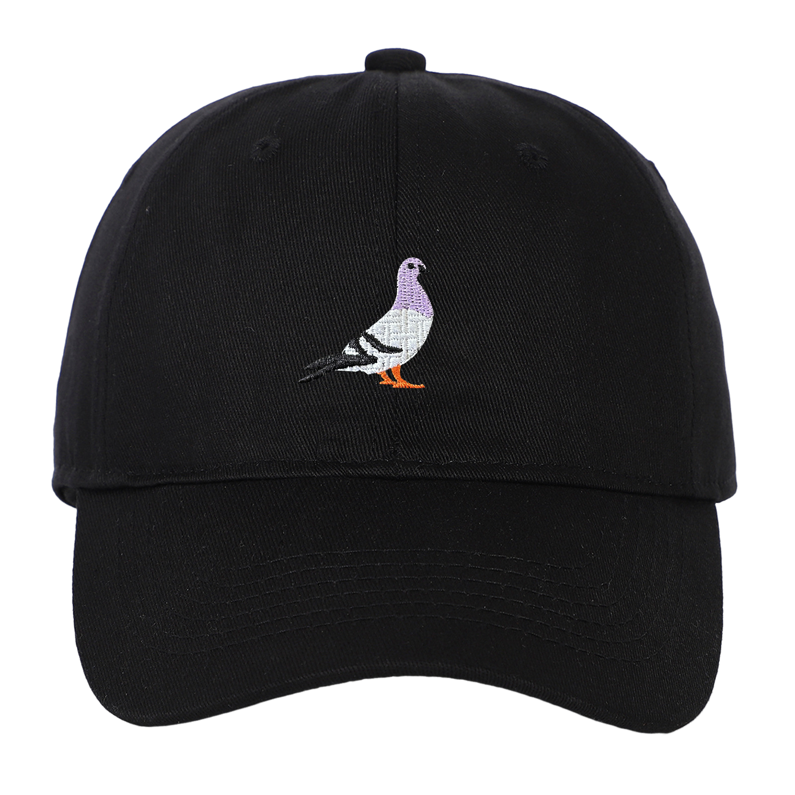 Elevkassan Keps med Broderad Duva - Svart: En svart justerbar keps med en broderad duva (lila huvud, grå kropp, orange fötter) centrerat framtill - perfekt streetwear för alla stilar.