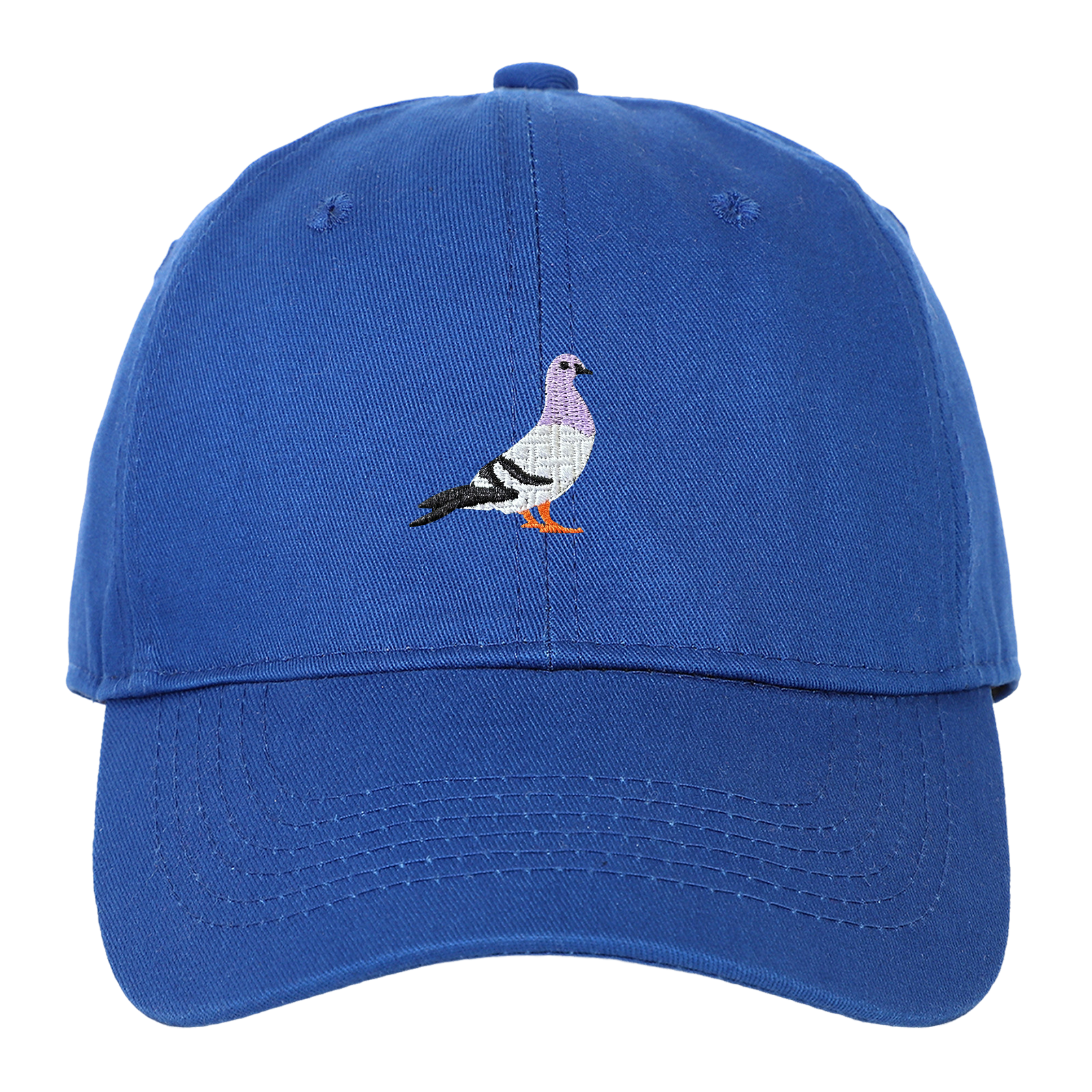 Elevkassan Keps med Broderad Duva - Blå: En royalblå keps med grå, vit och svart broderad duva med orange fötter fram. Snygg streetwear-accessoar med justerbar passform.