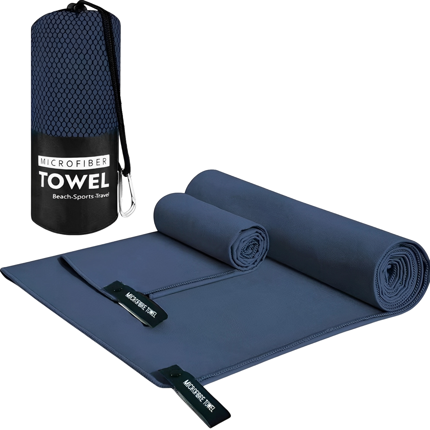 Elevkassan Snabbtorkande Mikrofiberhanddukar 60x122cm: mörkblå handduk set med en vikt, en rullad och en i meshväska med karbinhake - perfekt som snabbtorkande resehandduk för strand, sport och resa!.