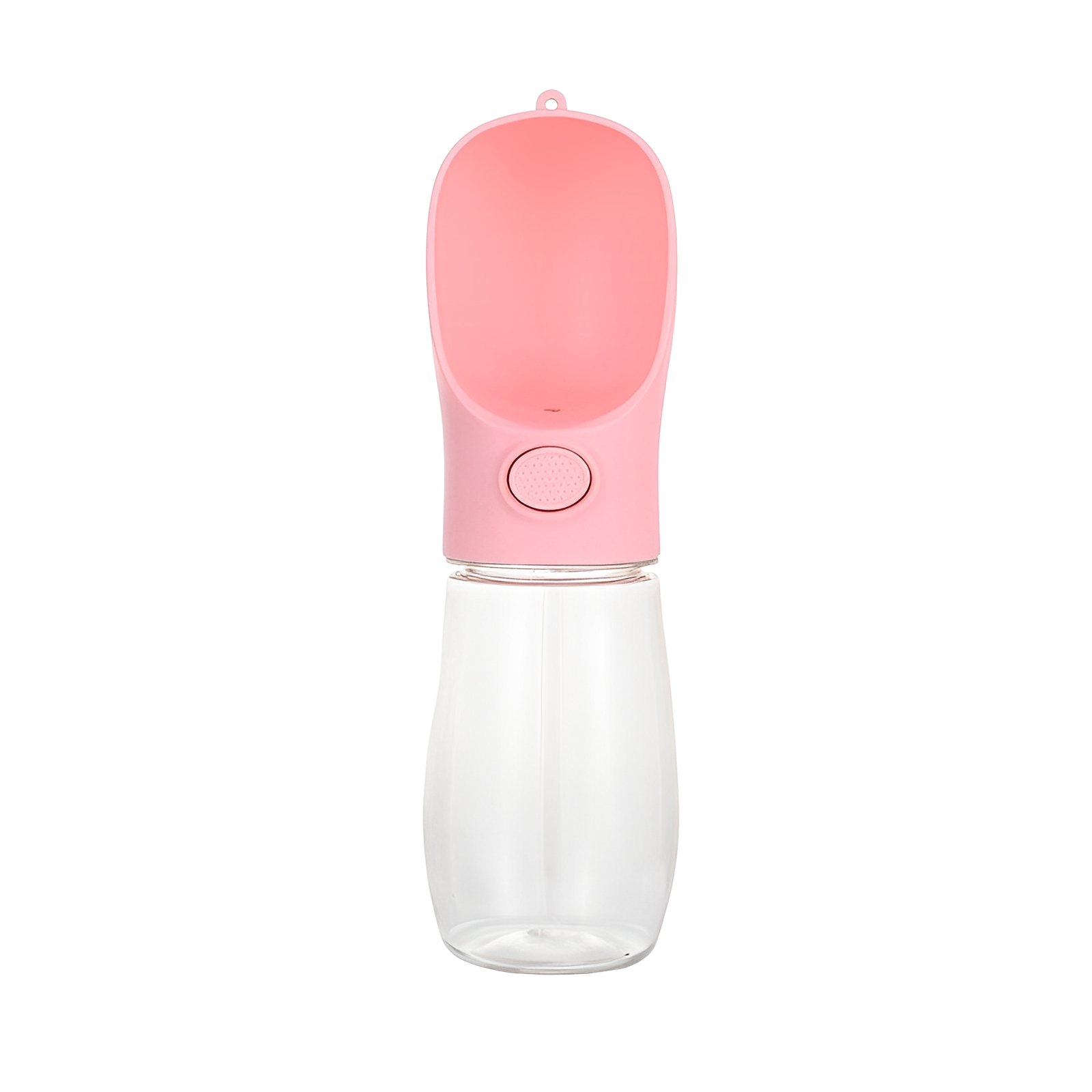 Elevkassan Portabel Vattenflaska för Husdjur - 500ml har en transparent nedre behållare och rosa övre del med inbyggd vattenränna samt knapp, vilket gör det enkelt att ge ditt husdjur vatten på promenaden.
