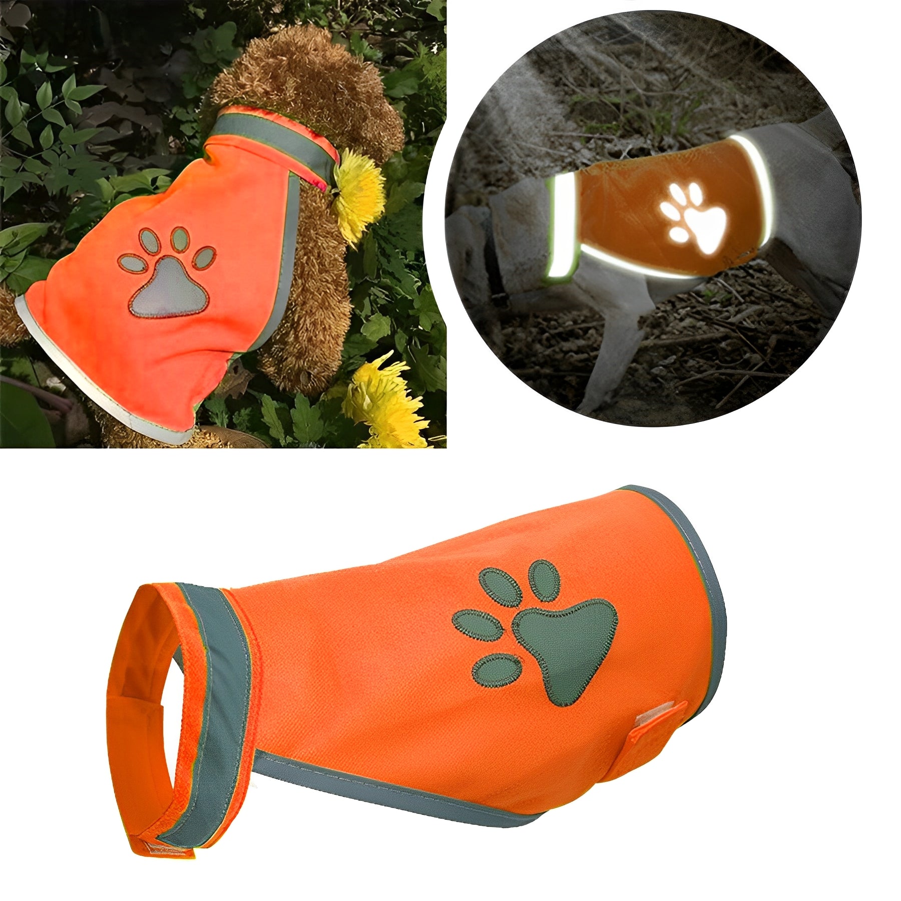 Elevkassan Reflexväst för Hund - Olika Storlekar med stor tassdesign, visas på hund utomhus dag och natt samt separat mot vit bakgrund. Perfekt för ökad synlighet och säkerhet vid promenader i mörker.