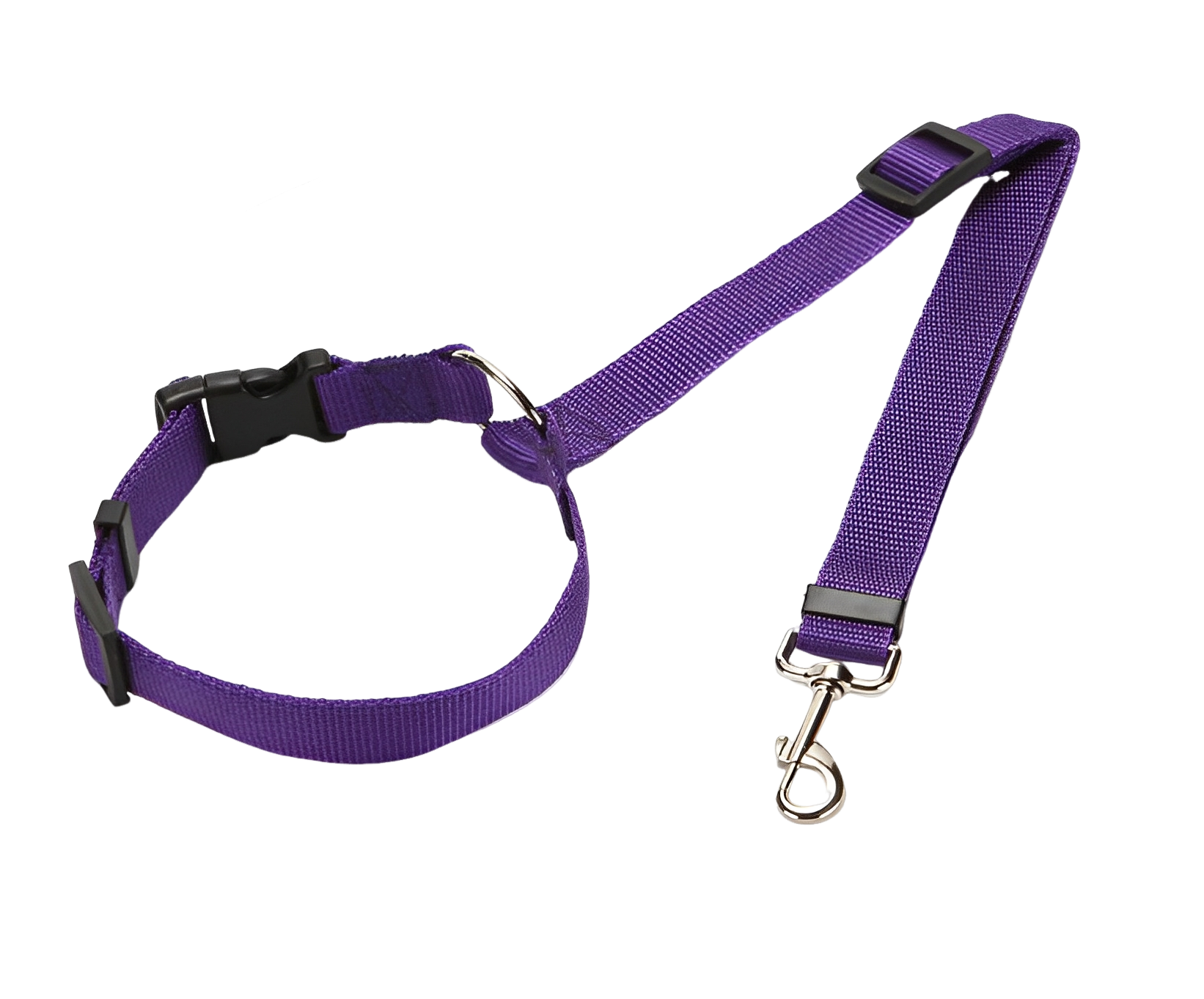 Elevkassan Bilbälte för Hund är ett lila justerbart nylonhalsband med plastspänne och matchande koppel med metallklämma, perfekt för säkerhet hund i bilen, visas på svart bakgrund.