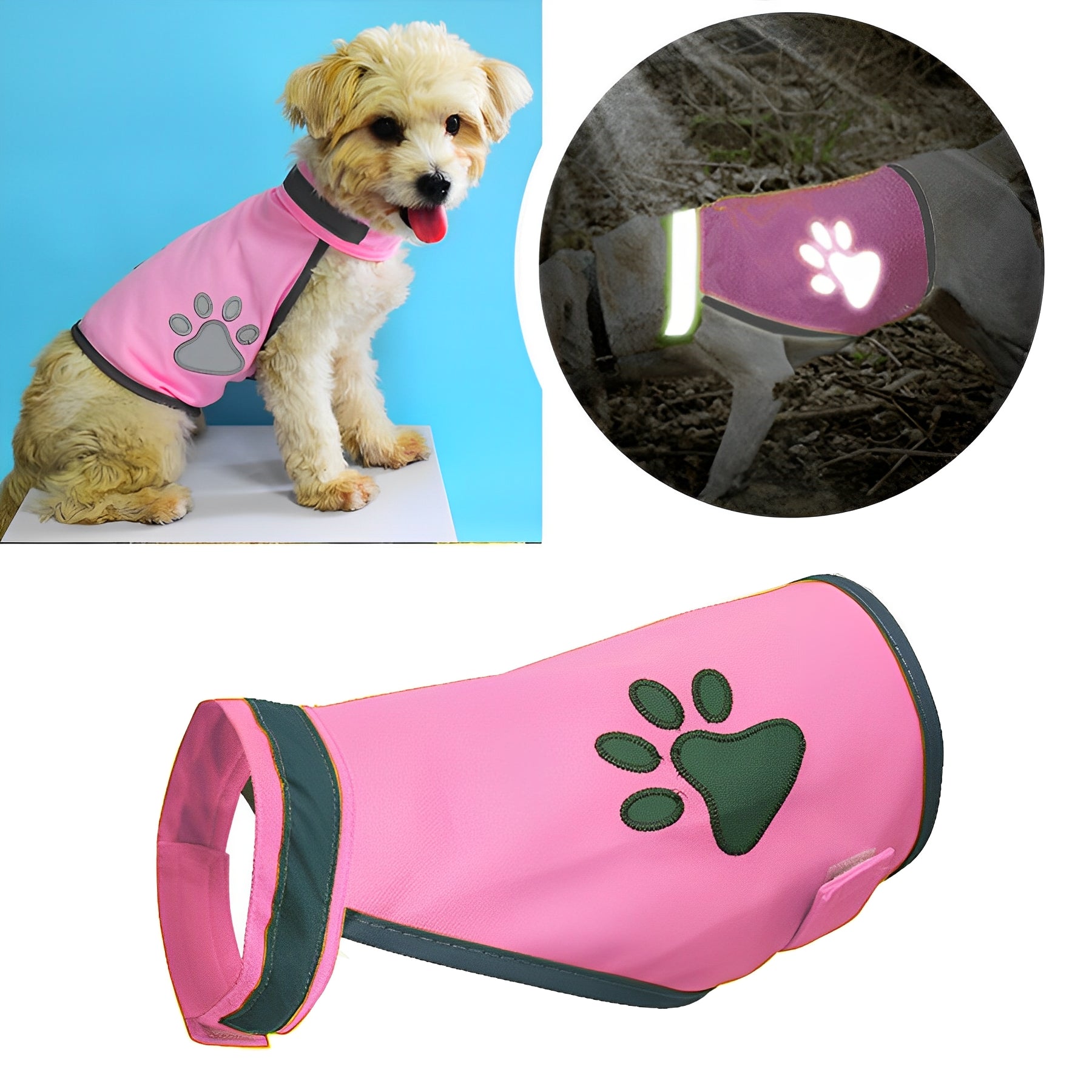 En liten hund bär Elevkassans Reflexväst för Hund - Olika Storlekar i rosa med grönt tassavtryck, mot blå bakgrund. En cirkulär infälld bild visar den justerbara västen som lyser i mörkret på en annan hund; rosa väst med tassavtryck visas nedan.