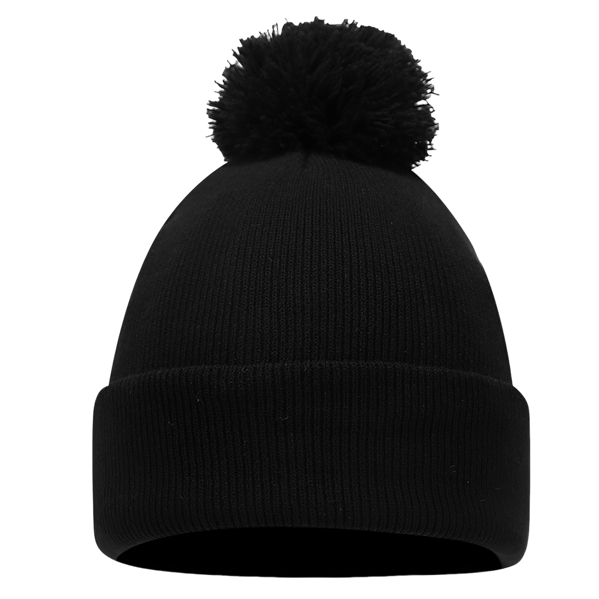 Elevkassan Klassisk Mössa med Tofs - en varm, svart stickad vintermössa med vikt brätte och stor pom-pom, fotograferad mot vit bakgrund.