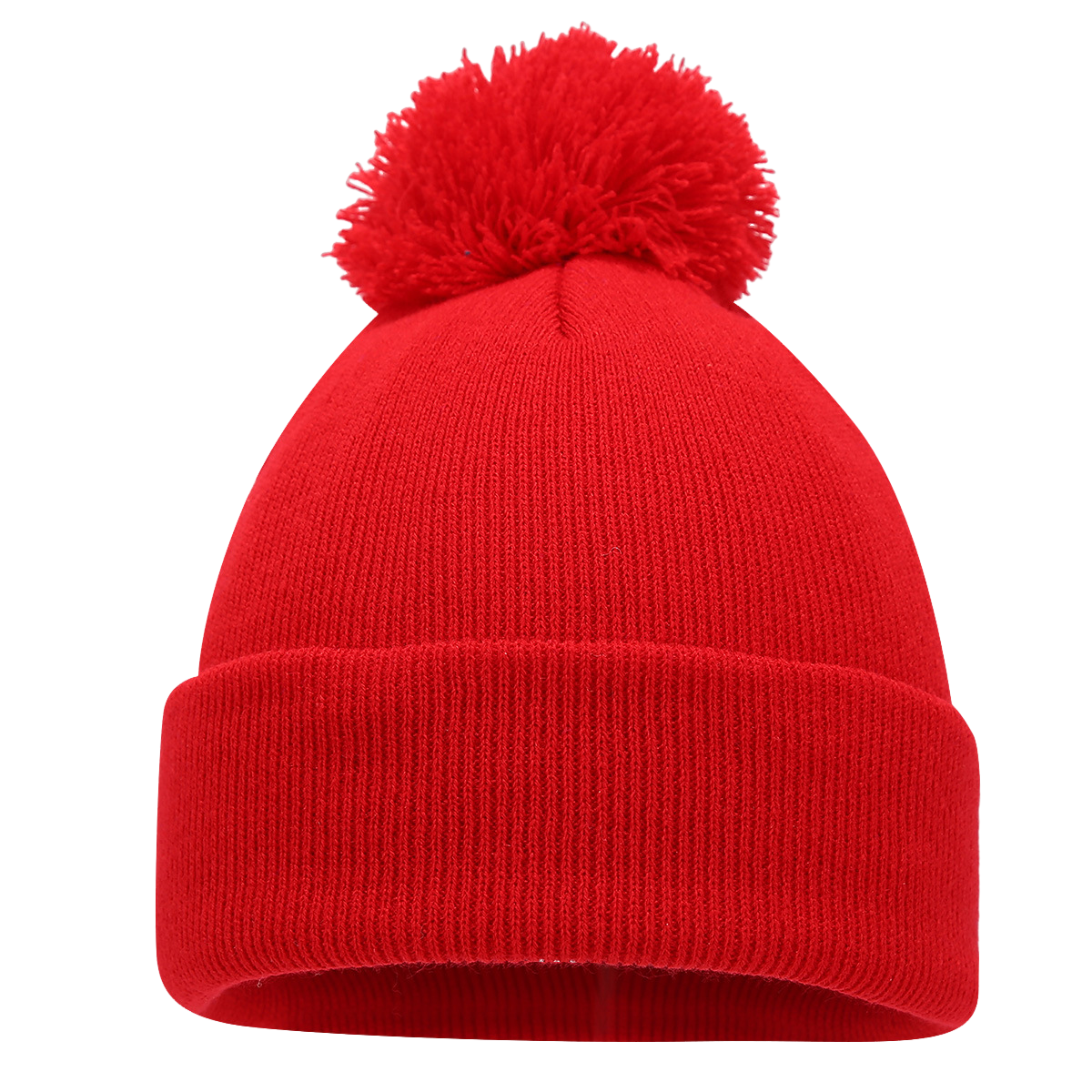 The Klassisk Mössa med Tofs från Elevkassan är en röd stickad mössa med vikt kant och stor tofs, perfekt för att hålla värmen i vinter, visad mot svart bakgrund.