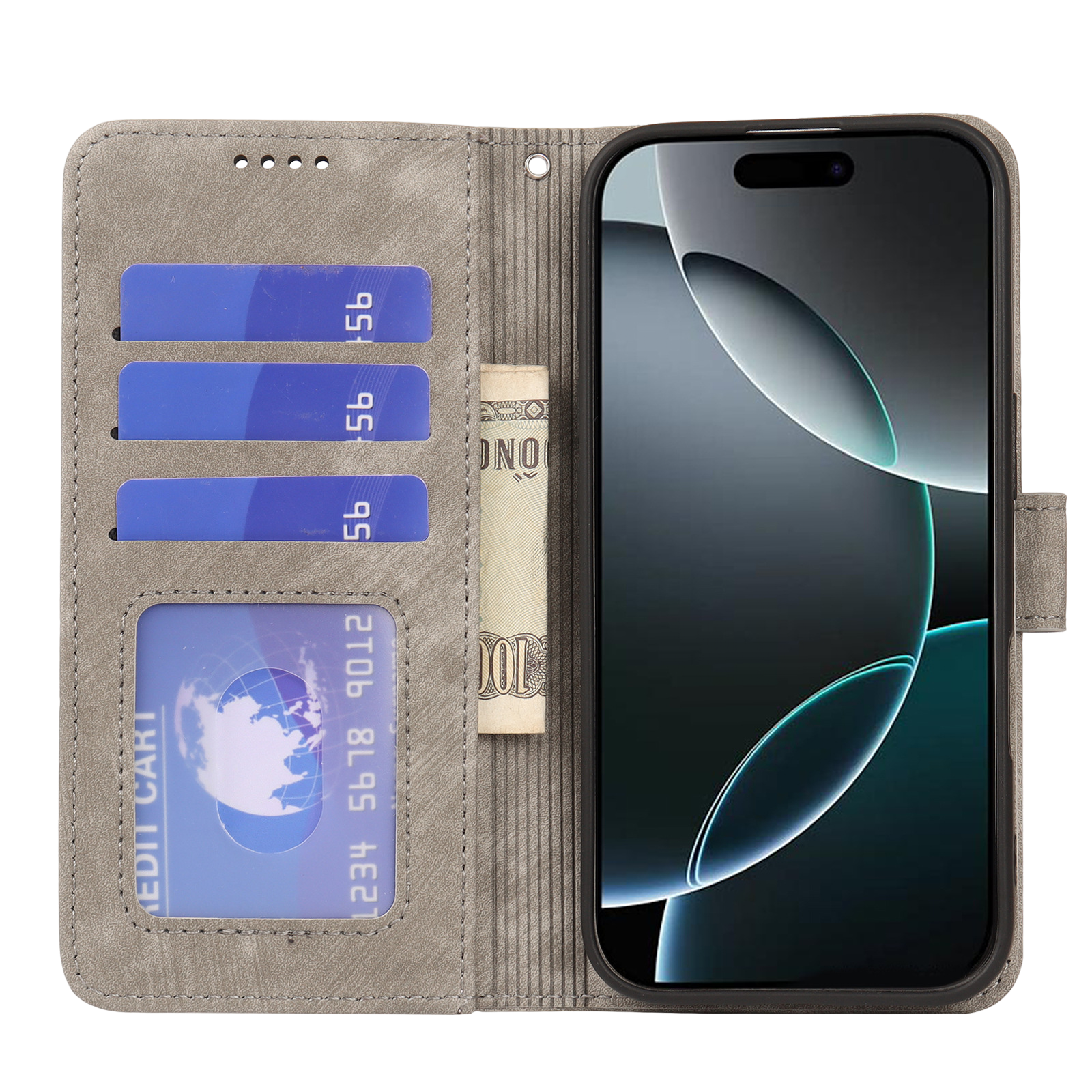 En Apple iPhone i Elevkassan Grå Plånboksskal med magnetlås, med tre blå kort, ett synligt kreditkort och kontanter i kortfacken. Skärmen visar en abstrakt design.