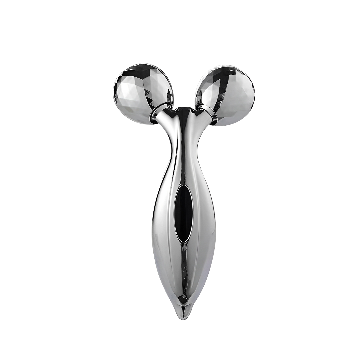 Elevkassan Ergonomisk 3D-rullande ansiktsmassage i silver, med två fasetterade kulor på ett böjt handtag. Perfekt för lymfdränage och att fräscha upp din hudvård. Produkten visas mot svart bakgrund.