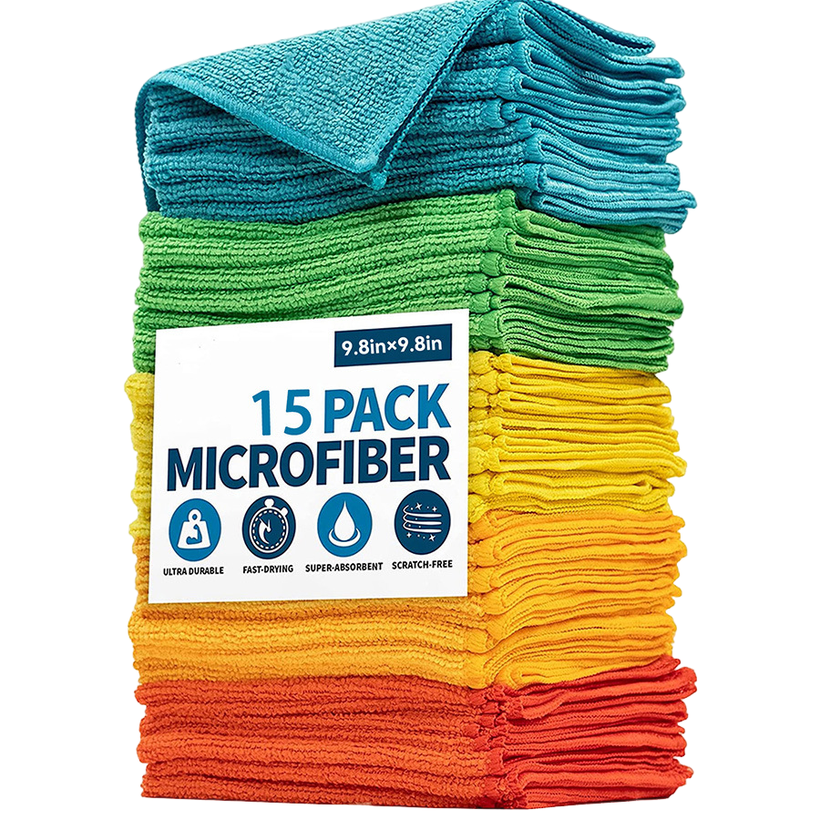En bunt Elevkassan Premium Microfiberdukar - 15 pack, i blått, grönt, gult, orange och rött för effektiv rengöring; snabbtorkande finns på etiketten.