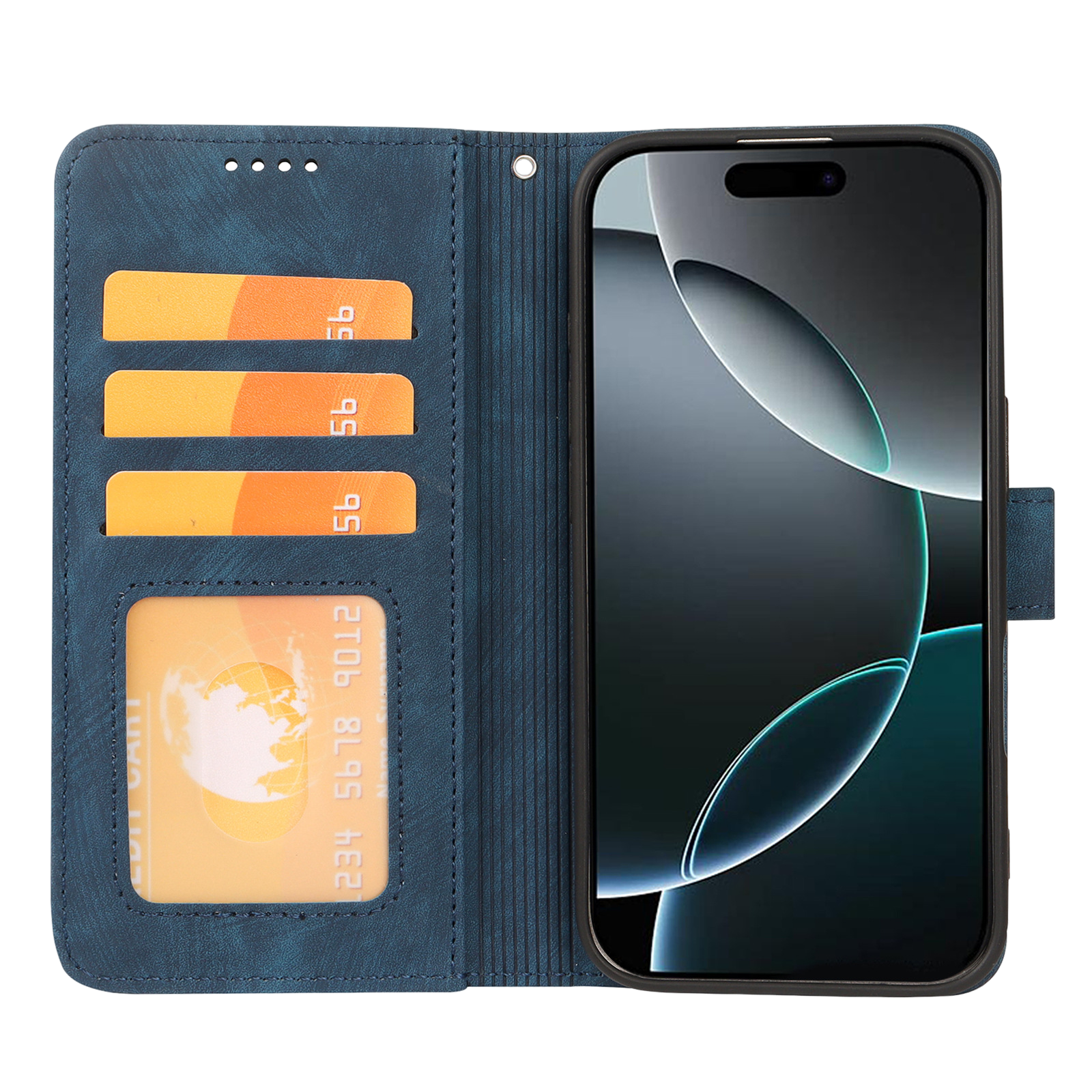 En Apple iPhone i Elevkassan Plånboksskal - Blå med magnetlås, håller tre orange kort och ett ID-kort i fack på vänster sida. Skärmen visar en abstrakt mörk bakgrund.