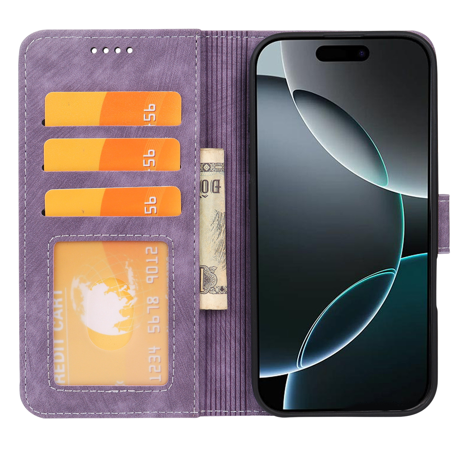The Elevkassan Apple iPhone Plånboksskal - Lila håller tre orange kort, ett kreditkort och en hoprullad dollarsedel bredvid en iPhone med svart och blå abstrakt bakgrundsbild.