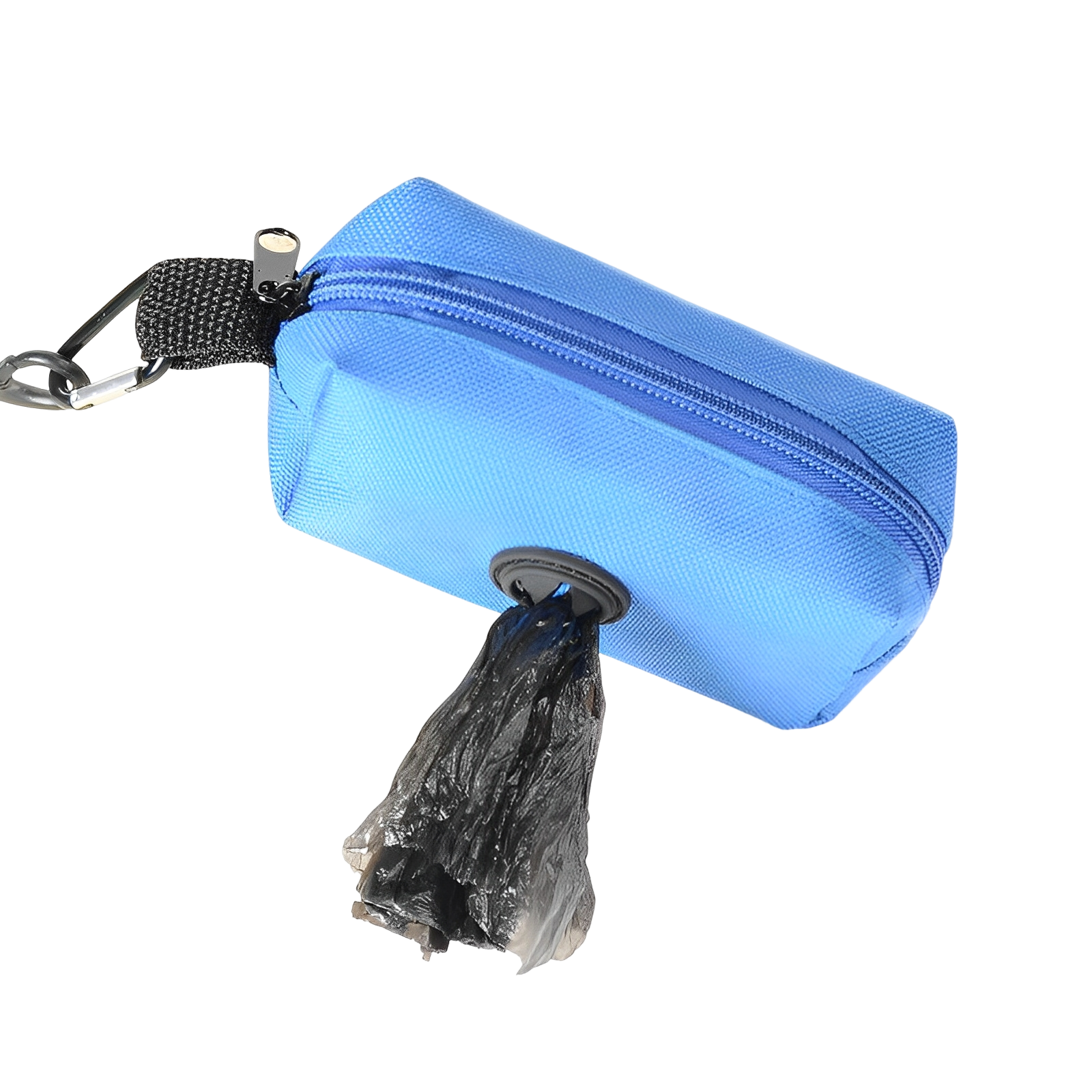 Elevkassan Påshållare för Hundbajspåsar är en blå tyghållare med dragkedja och metallklämma, med en rund sidoöppning som dispenserar svarta plastpåsar, som visas isolerad mot en svart bakgrund.