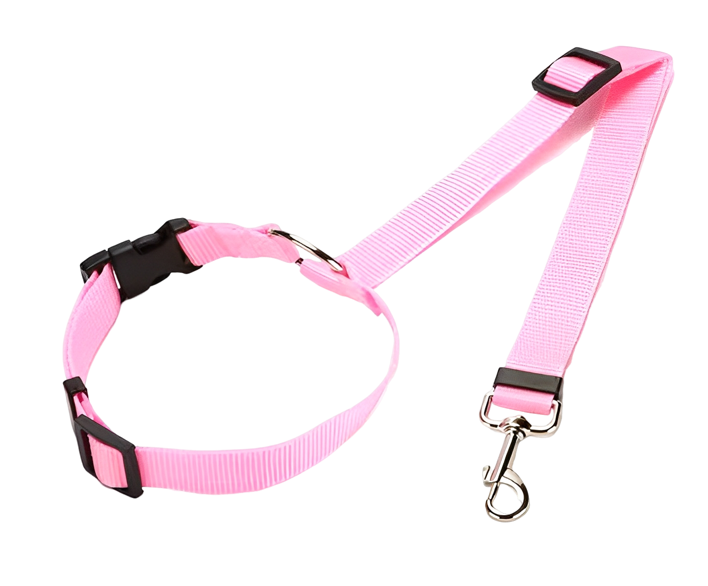 Elevkassan Bilbälte för Hund är ett rosa justerbart halsband och koppel för husdjur med svarta plastspännen och en silverfärgad metallklämma, perfekt för säkerhet hund i bilen, visas på en vit bakgrund.