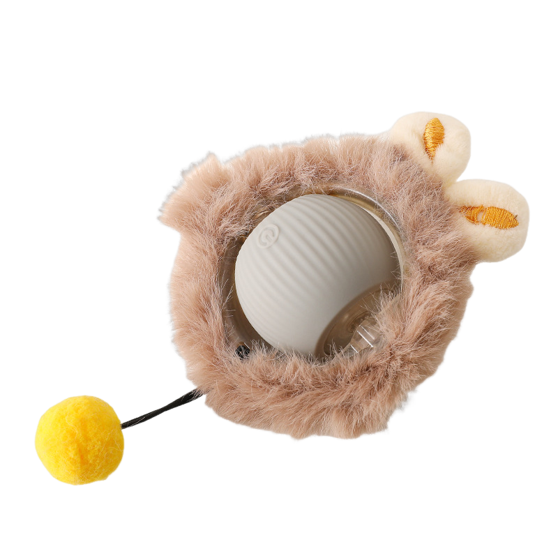 Ha oändligt roligt med Elevkassan Självrullande Kattleksak med Päls & Boll - en rund vit självrullande boll i ett mjukt, ljusbrunt lurvigt överdrag med plyschöron och en gul pom-pom på ett snöre för interaktiv kattlek.