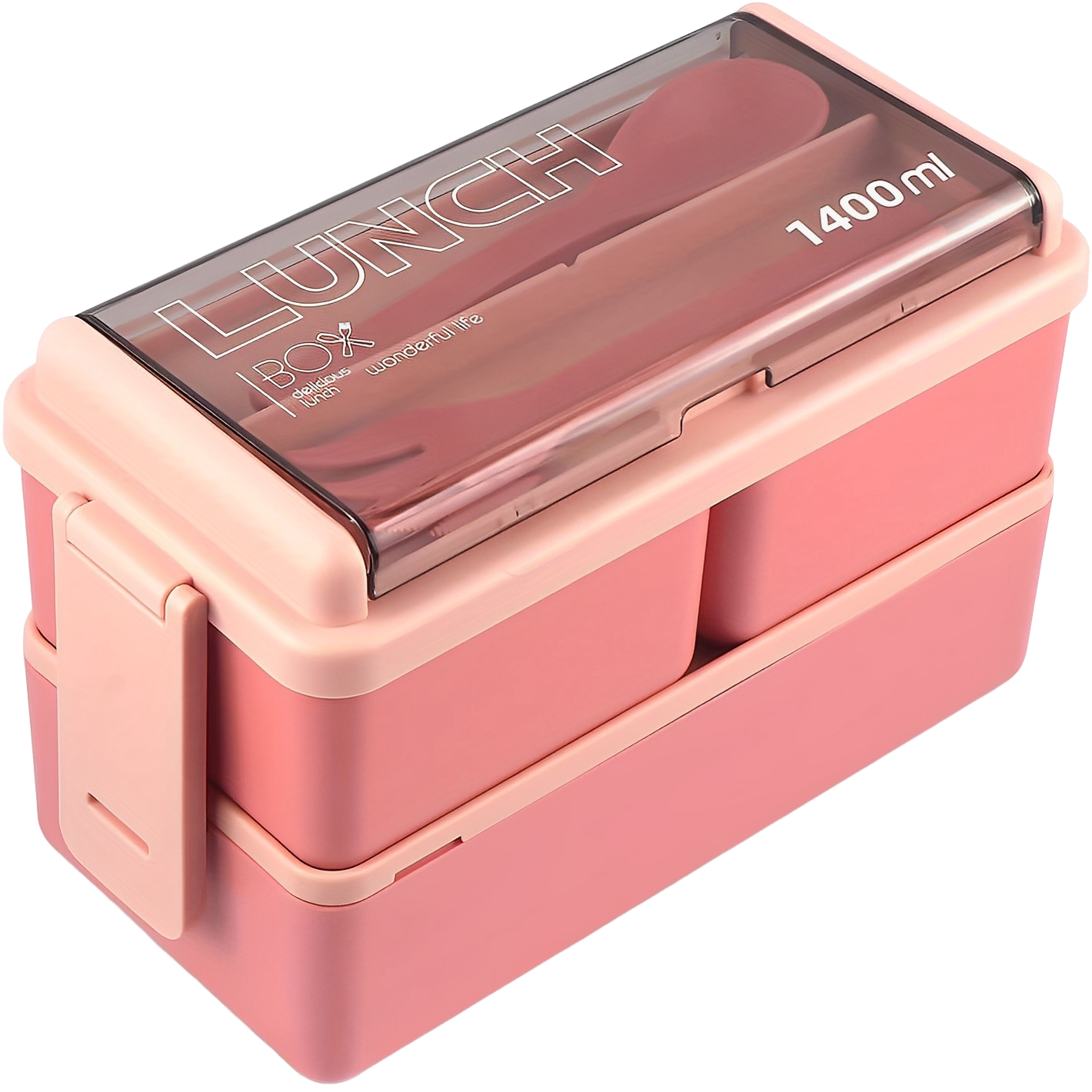 Elevkassan Dubbel Lunchlåda med Bestick - Rosa har dubbla lager, ett transparent tättslutande lås med "LUNCH BOX 1400 ml" och bestick som förvaras prydligt i det övre facket.