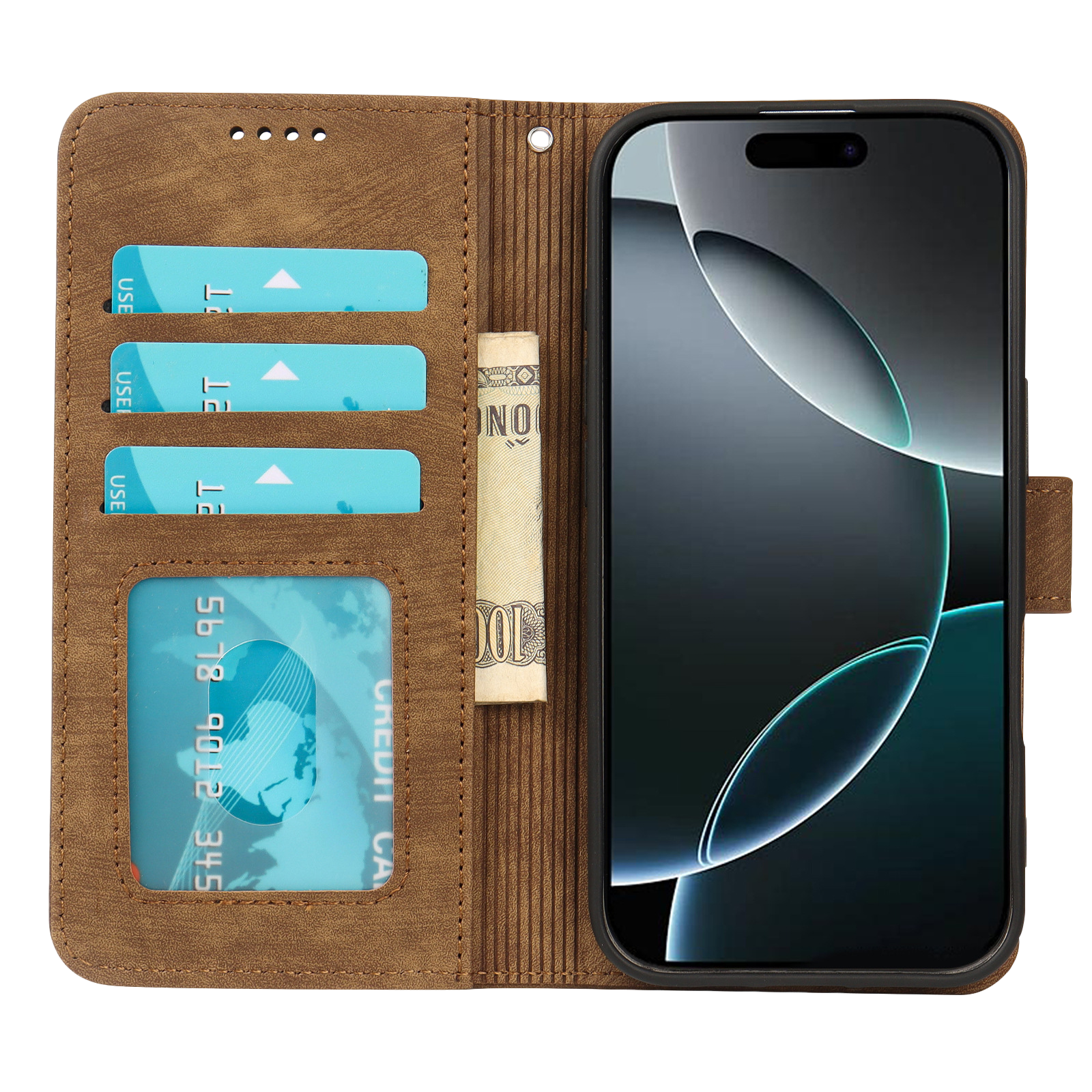 Elevkassan Apple iPhone Plånboksskal - Brun har ett magnetlås som öppnas för att visa en smartphone till höger och, till vänster, fack för tre kort, ett delvis synligt kreditkort och en vikt amerikansk hundradollarsedel.