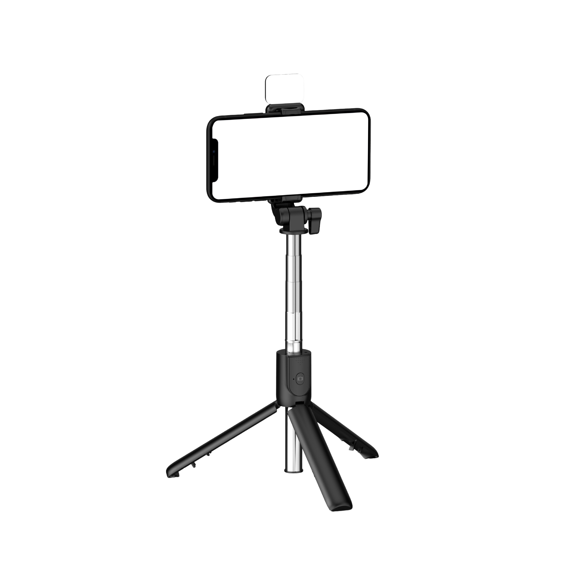 Elevkassan Selfiestick med Bluetooth & LED-lampa har ett stativ med justerbara ben, en teleskopstång och en LED-lampa ovanför din smartphone - perfekt för fotografering eller videoinspelning.