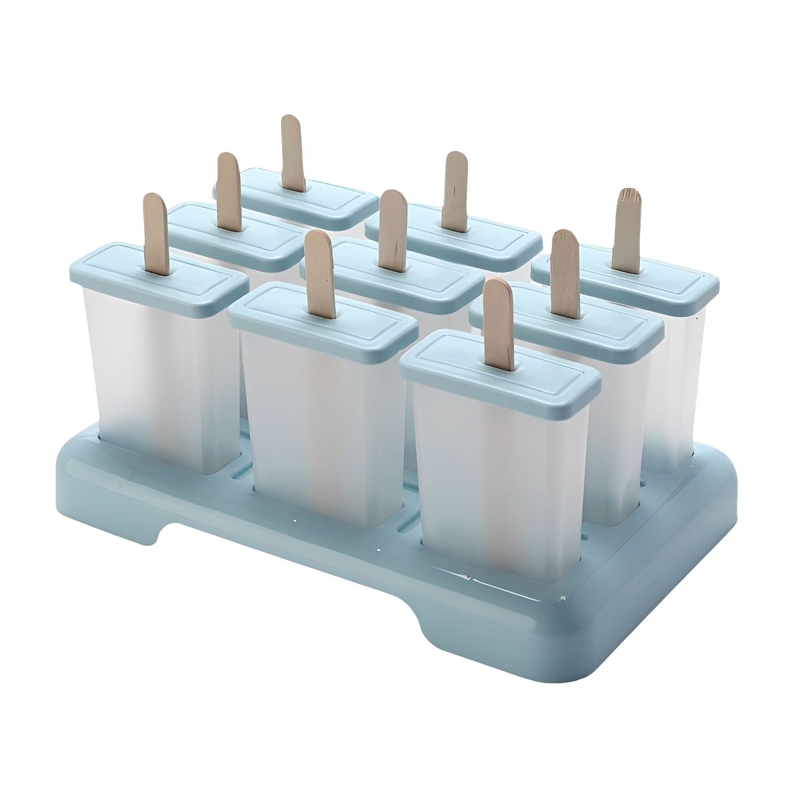 Eight white Glassformar för Hemmagjord Isglass från Elevkassan, med träpinnar och ljusblå hållare, är perfekt för att göra hälsosamma mellanmål hemma. 8-pack.