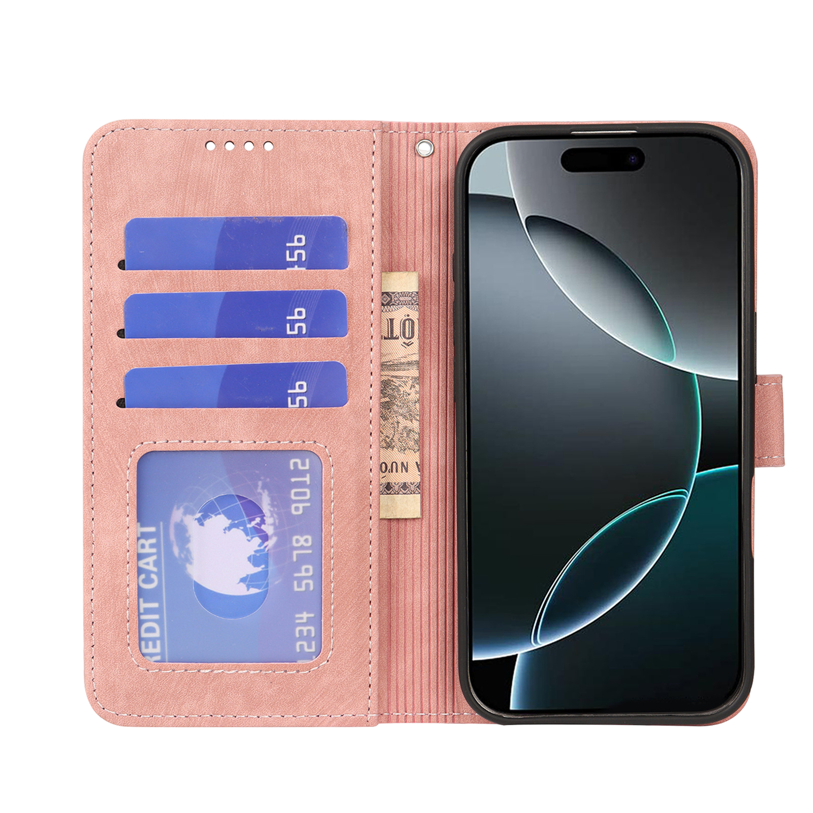 Elevkassan Apple iPhone Plånboksskal - Laxrosa har ett magnetlås som håller fast telefonen på höger sida och fyra kortfack och plats för sedlar på vänster sida. Tre blå kort och ett kreditkort får plats i kortfacken.