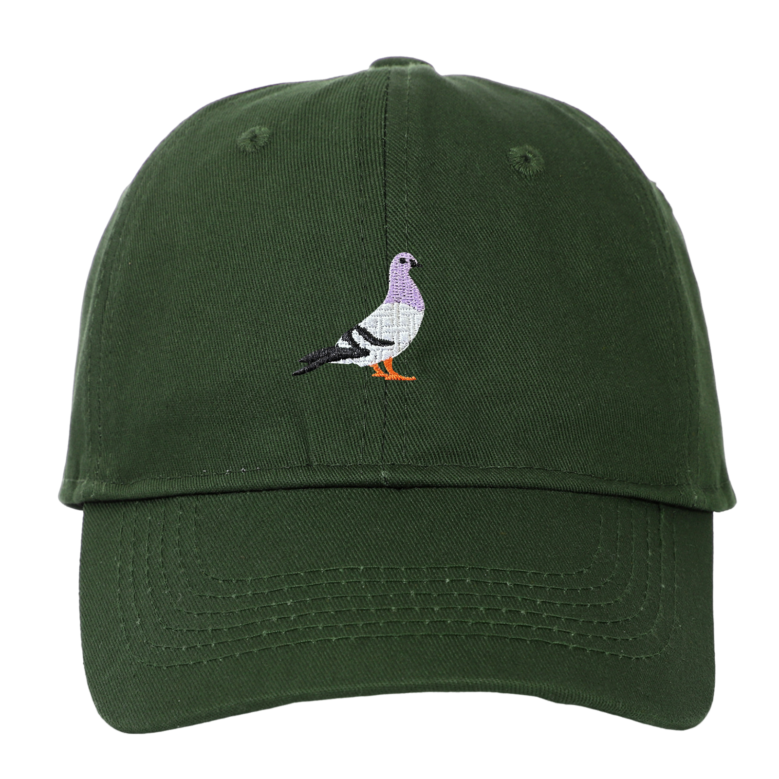 Elevkassans Keps med Broderad Duva - Grön är en mörkgrön streetwearkeps med justerbar passform, med en liten broderad duva - lila huvud, vit kropp och orangea fötter - mitt fram.
