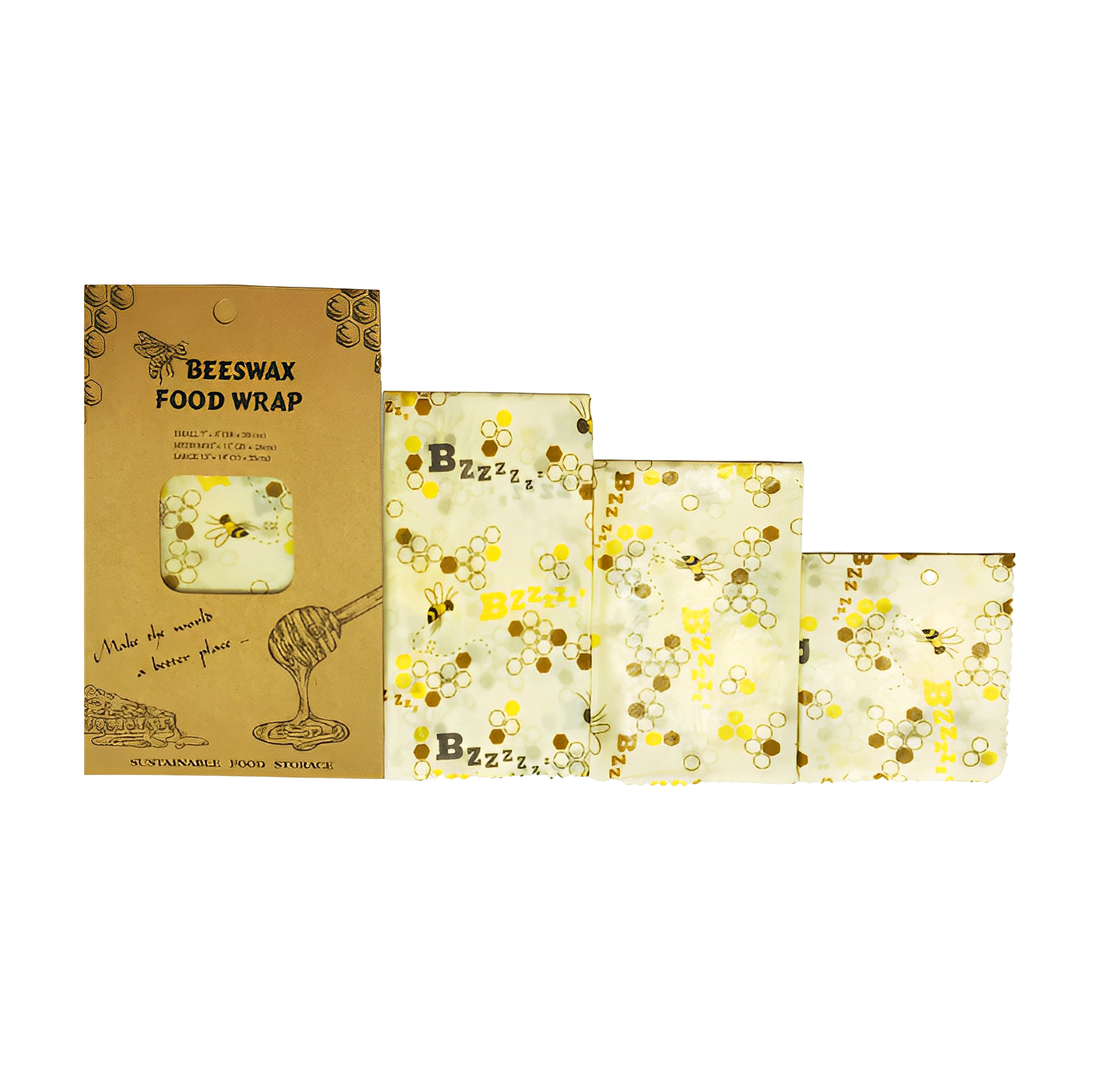 Elevkassans Bivaxdukar - 3 pack, tillverkade av ekologisk bomull med honungsbi och bikakedesign, levereras i miljövänlig Beeswax Food Wrap-förpackning - ett miljövänligt alternativ för att hålla maten fräsch.