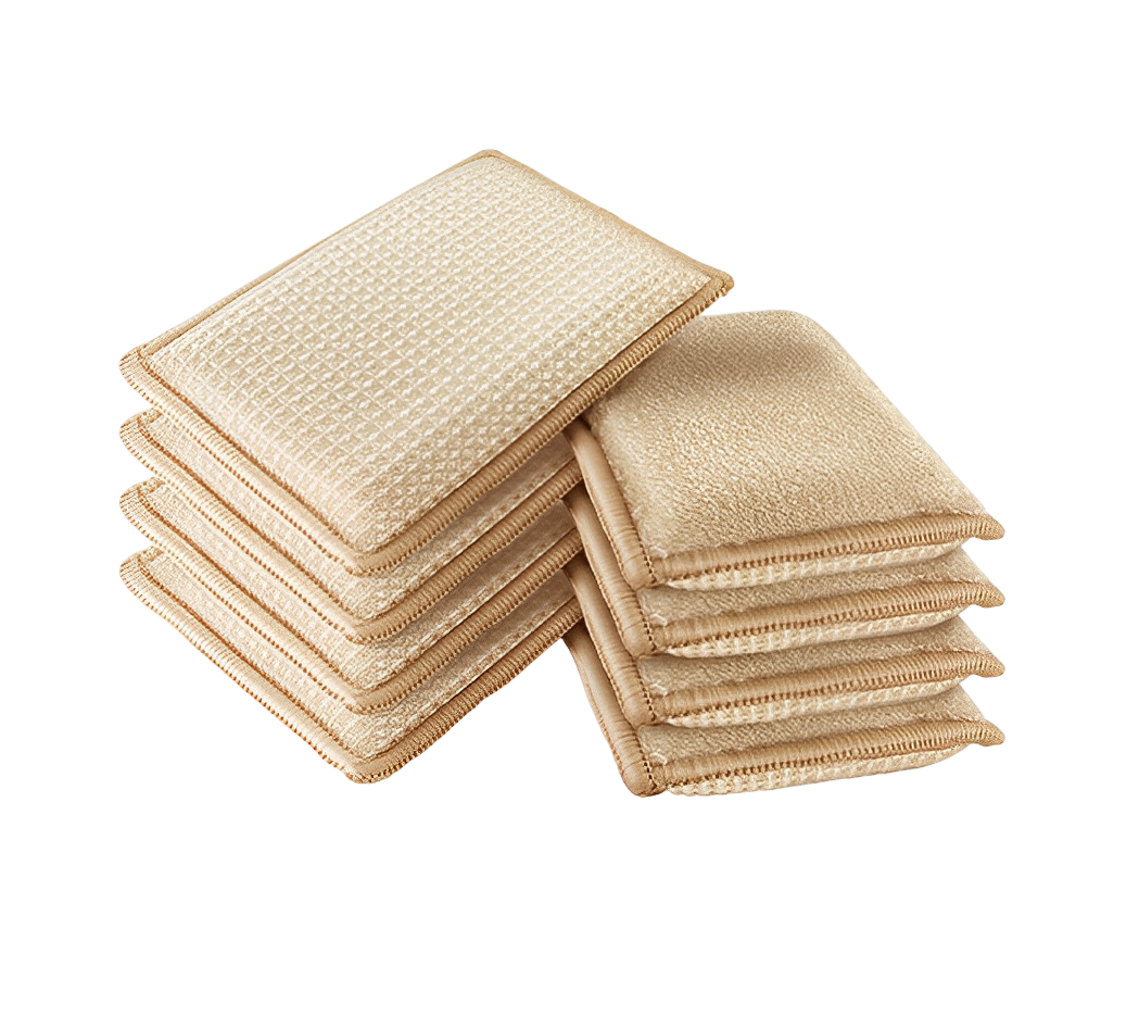 En stapel rektangulära, ljusbruna Bambudisksvamp från Elevkassan - sex texturerade rengöringssvampar tillverkade av bambufiber för en miljövänlig touch, prydligt arrangerade mot en vit bakgrund.