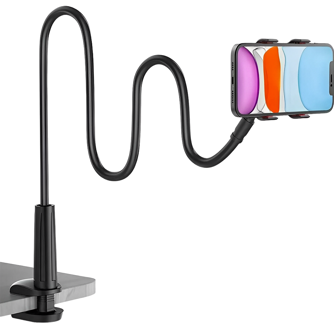 Elevkassan Flexibelt Mobilhållarfäste med Lång Arm, en svart svanhalshållare, kläms fast på en bordskant och håller en smartphone säkert handsfree i liggande vy. Telefonens skärm visar färgglada abstrakta former.