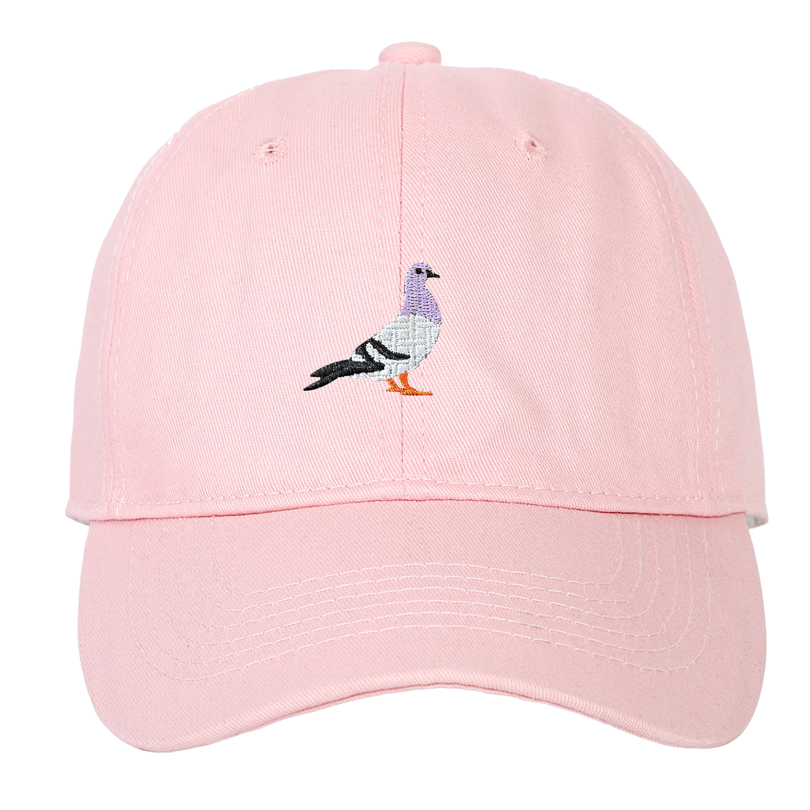 Keps med Broderad Duva - Rosa från Elevkassan: en ljusrosa streetwear-keps med broderad duva i profil framtill, visad mot svart bakgrund.